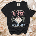 Black t-shirt with "Mother of the Groom Happy Tears Social Club" text.