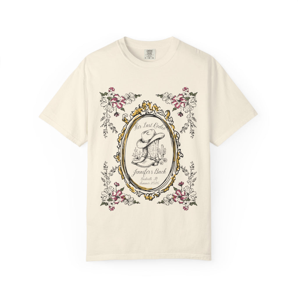 Cowboy boot and hat in oval frame with floral accents and event text.
