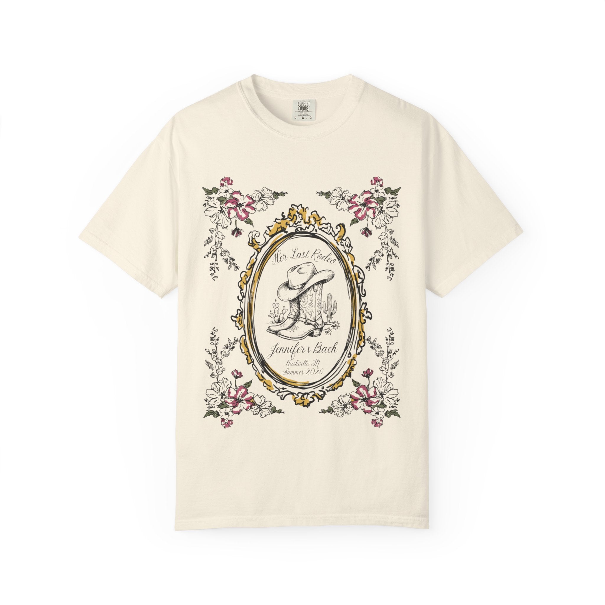 Cowboy boot and hat in oval frame with floral accents and event text.