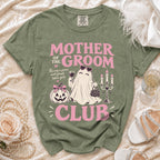 Mother of the Groom Club graphic t-shirt with ghost, pumpkin, and champagne glass.