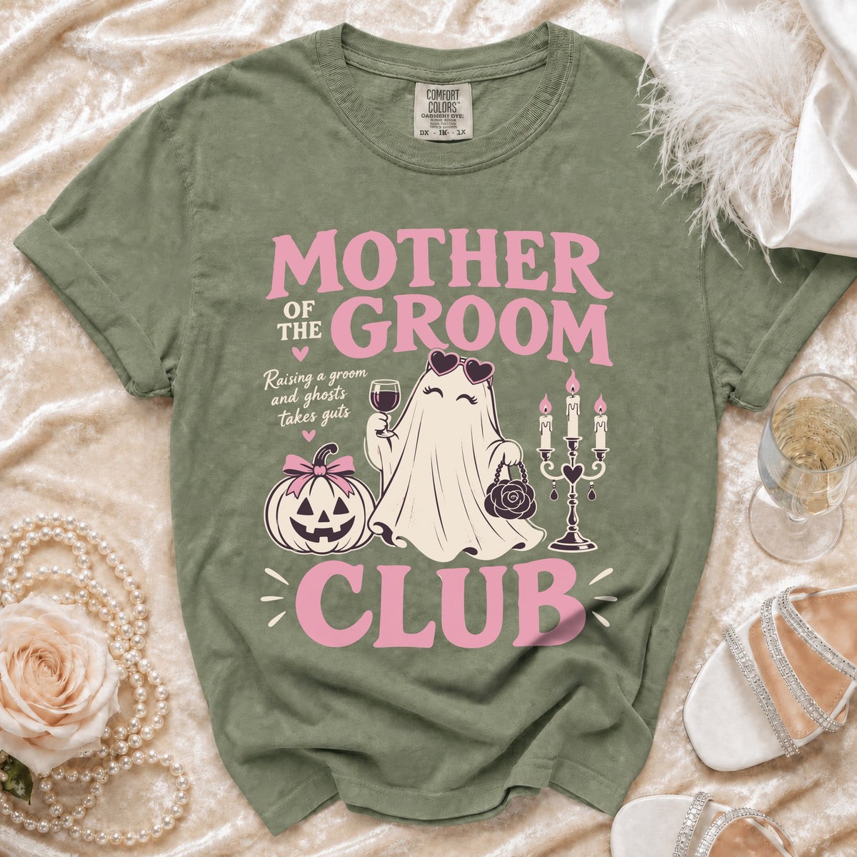 Mother of the Groom Club graphic t-shirt with ghost, pumpkin, and champagne glass.