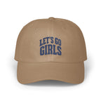 Tan dad hat with blue embroidered text reading LET'S GO GIRLS centered on the front panels.