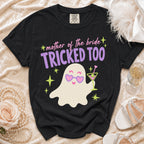 Black t-shirt with a ghost graphic and "mother of the bride TRICKED TOO" text.