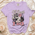 Purple t-shirt with "Til Death Do Us Part FOREVER & EVER I DO" skeleton wedding design.