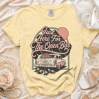 Yellow t-shirt with "Just Here For The Open Bar" and "Just Married" car graphic.
