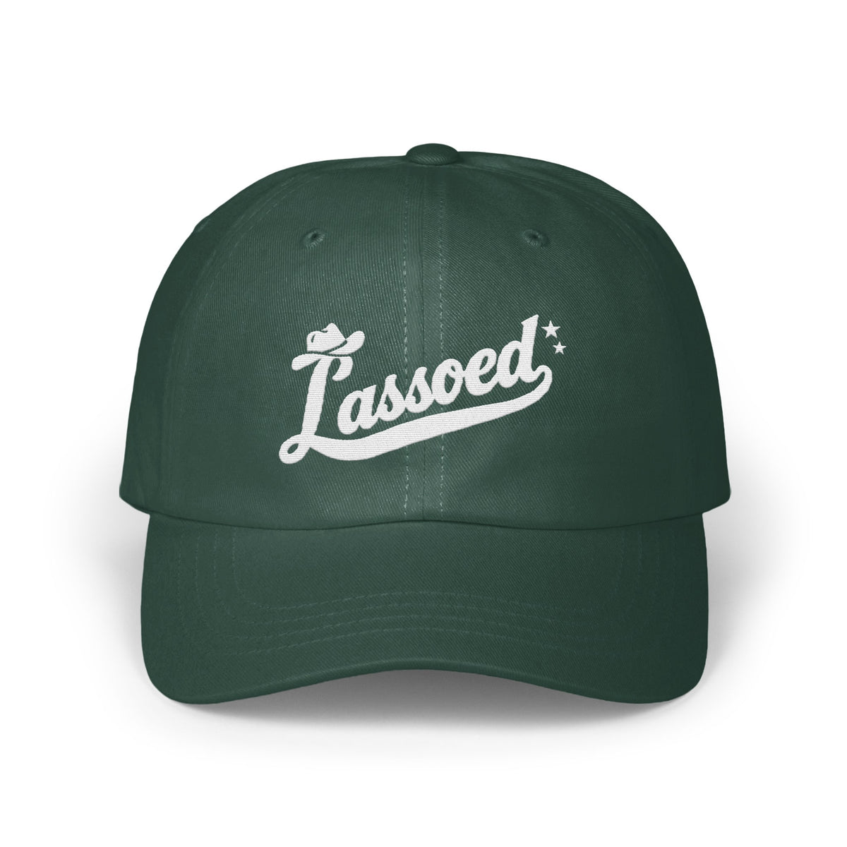 Dark green baseball cap with white embroidered cursive text that reads Lassoed on the front.