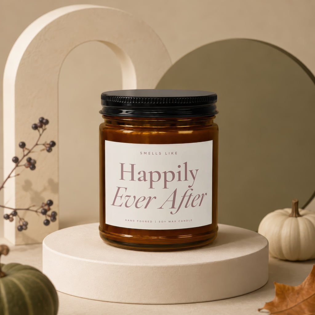 Amber glass candle labeled "Happily Ever After, Hand Poured | Soy Wax Candle".