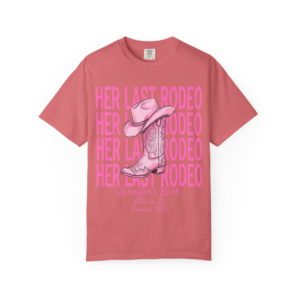 Pink t-shirt with "Her Last Rodeo" and cowboy boot graphic for Jennifer's Bach.
