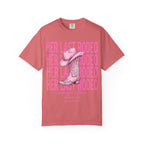 Pink t-shirt with "Her Last Rodeo" and cowboy boot graphic for Jennifer's Bach.