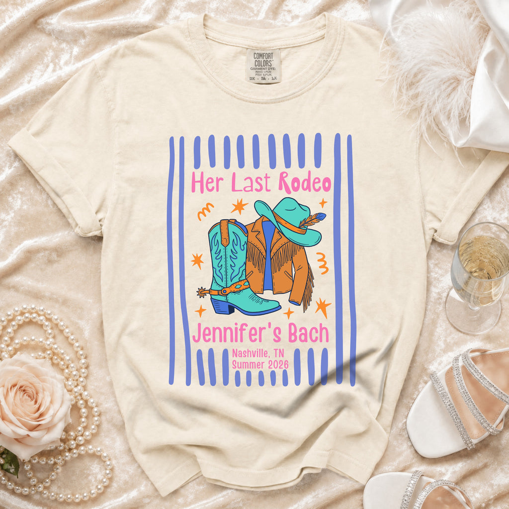 Cream t-shirt with "Her Last Rodeo Jennifer's Bach Nashville TN Summer 2026" text.