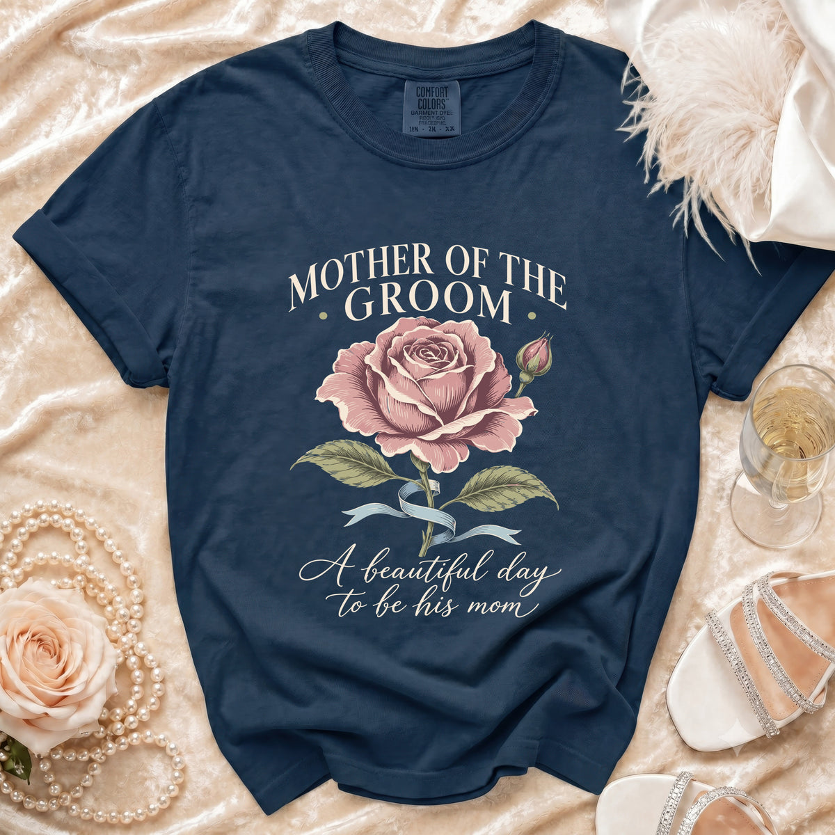 Navy t-shirt with "Mother of the Groom" and rose graphic.