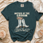 Teal t-shirt with "Mother of the Groom" and cowboy boots design.