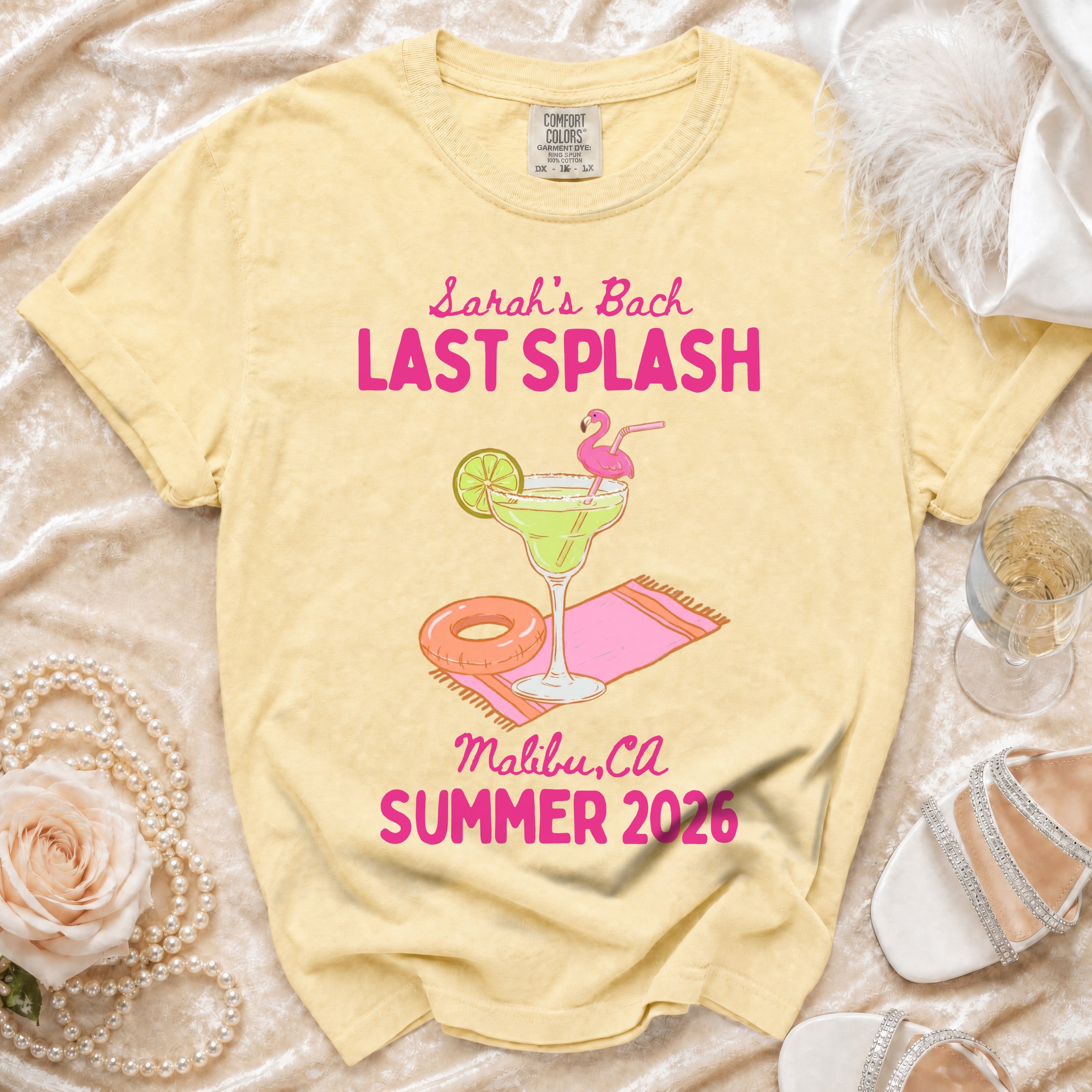 Yellow t-shirt with "Sarah's Bach Last Splash" and Malibu, CA Summer 2026.
