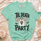 Mint t-shirt with "Til Death Do Us Party" and ghost bride graphic.