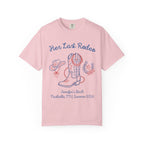 "Her Last Rodeo" graphic on pink t-shirt with cowboy boot, hat, horseshoe, and text.