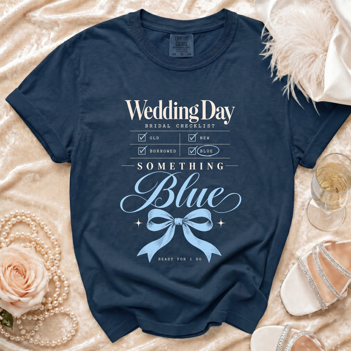 Navy t-shirt with "Wedding Day Bridal Checklist" and "Something Blue" text design.