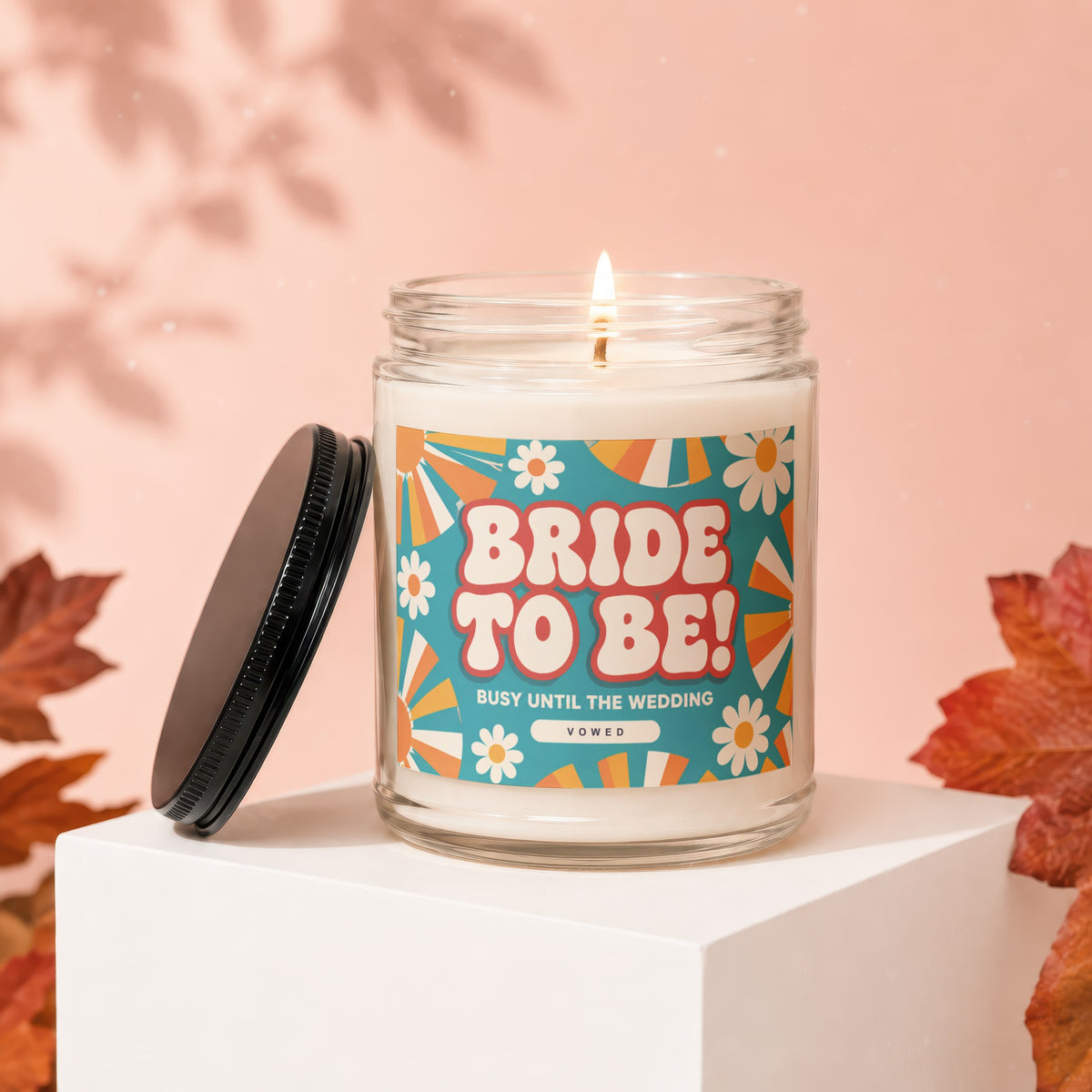 Candle labeled "Bride to Be! Busy Until the Wedding" with retro graphics.