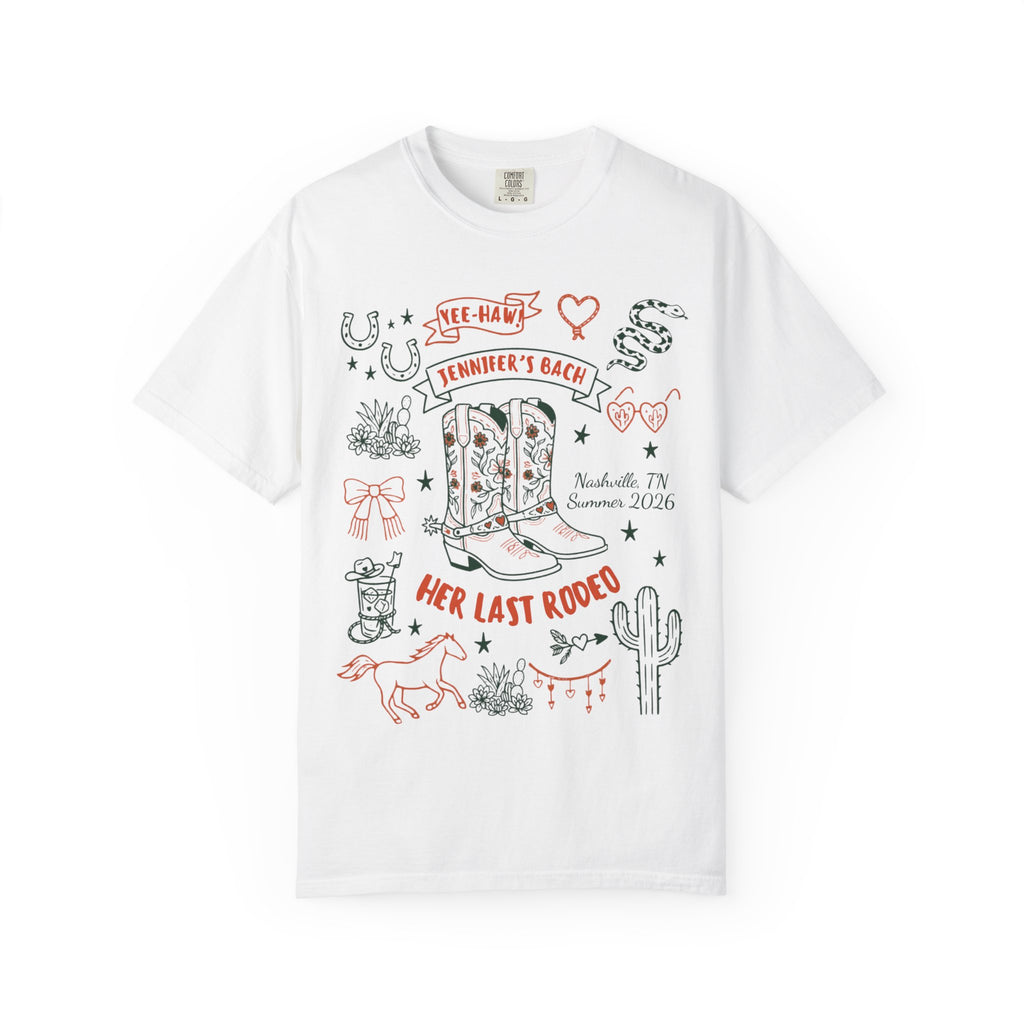 White t-shirt with "Jennifer's Bach" and "Her Last Rodeo" in a Western theme.
