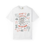 White t-shirt with "Jennifer's Bach" and "Her Last Rodeo" in a Western theme.
