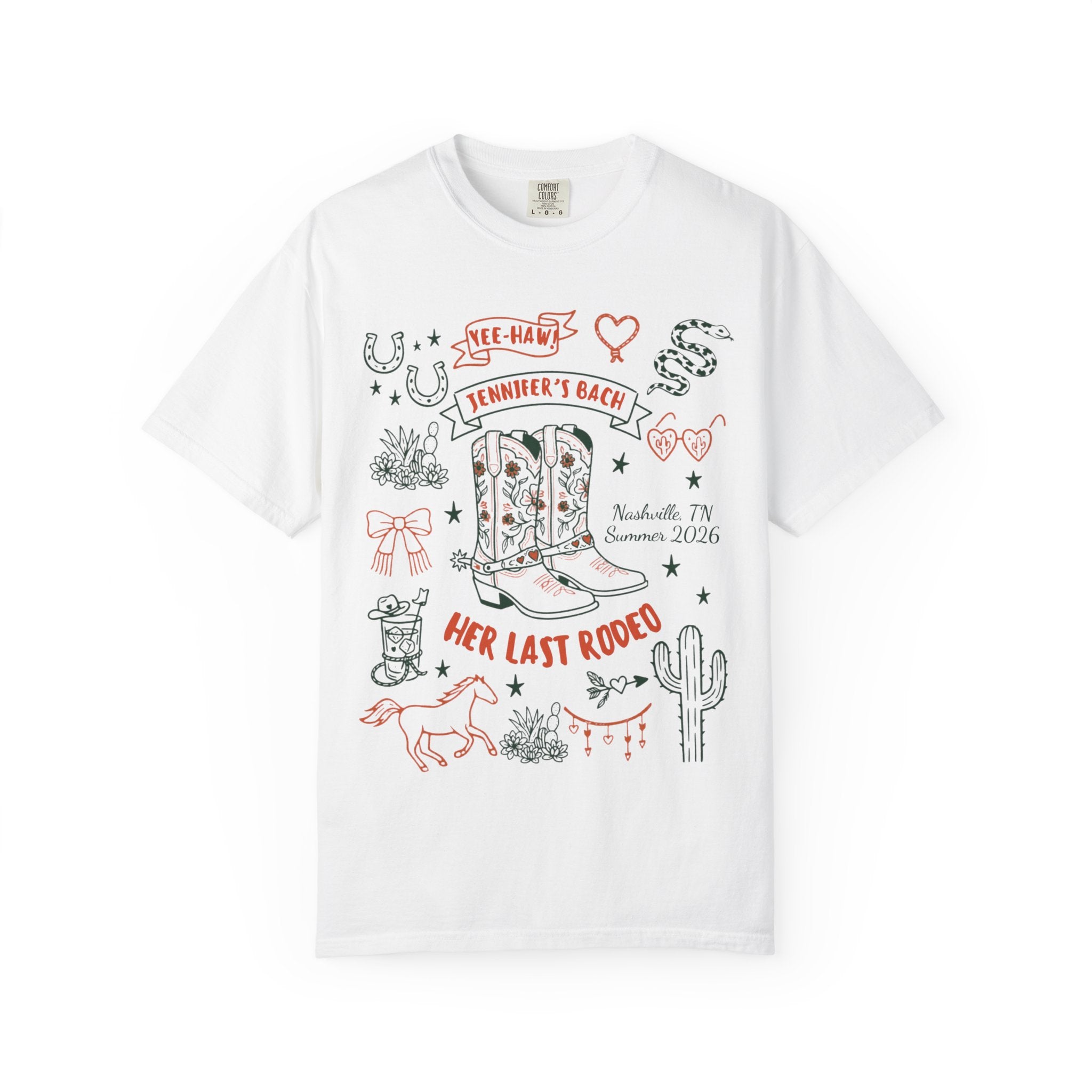 White t-shirt with "Jennifer's Bach" and "Her Last Rodeo" in a Western theme.