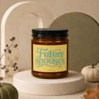 Amber jar candle with "Future Spouses" text on yellow label.