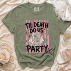 Green t-shirt with "Til Death Do Us Party" skeleton bride graphic.
