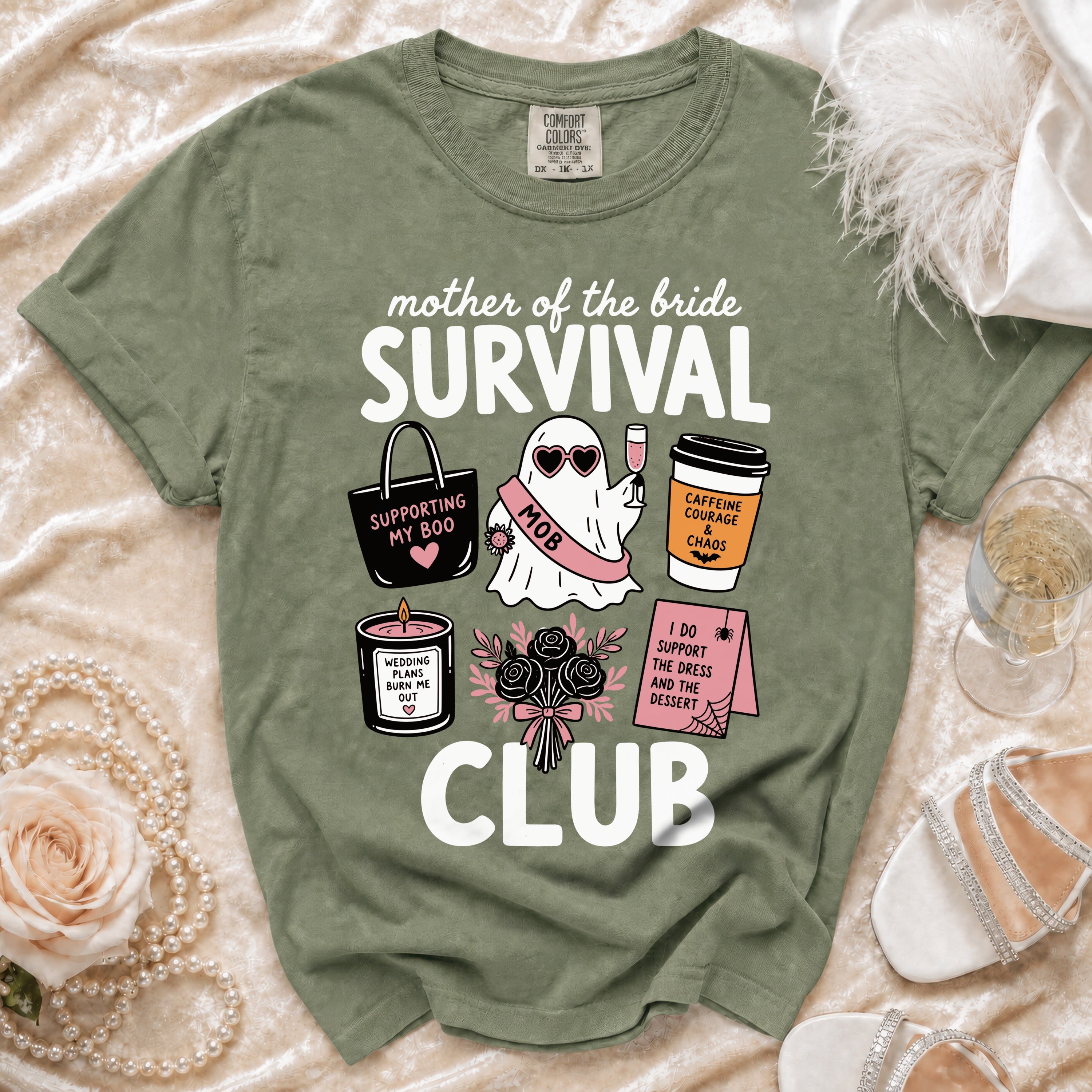 Mother of the Bride Survival Club graphic on a green t-shirt.