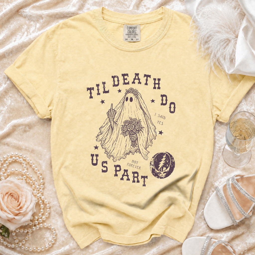 Yellow t-shirt with gothic bride ghost graphic and "Til Death Do Us Part" text.