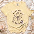 Yellow t-shirt with gothic bride ghost graphic and "Til Death Do Us Part" text.