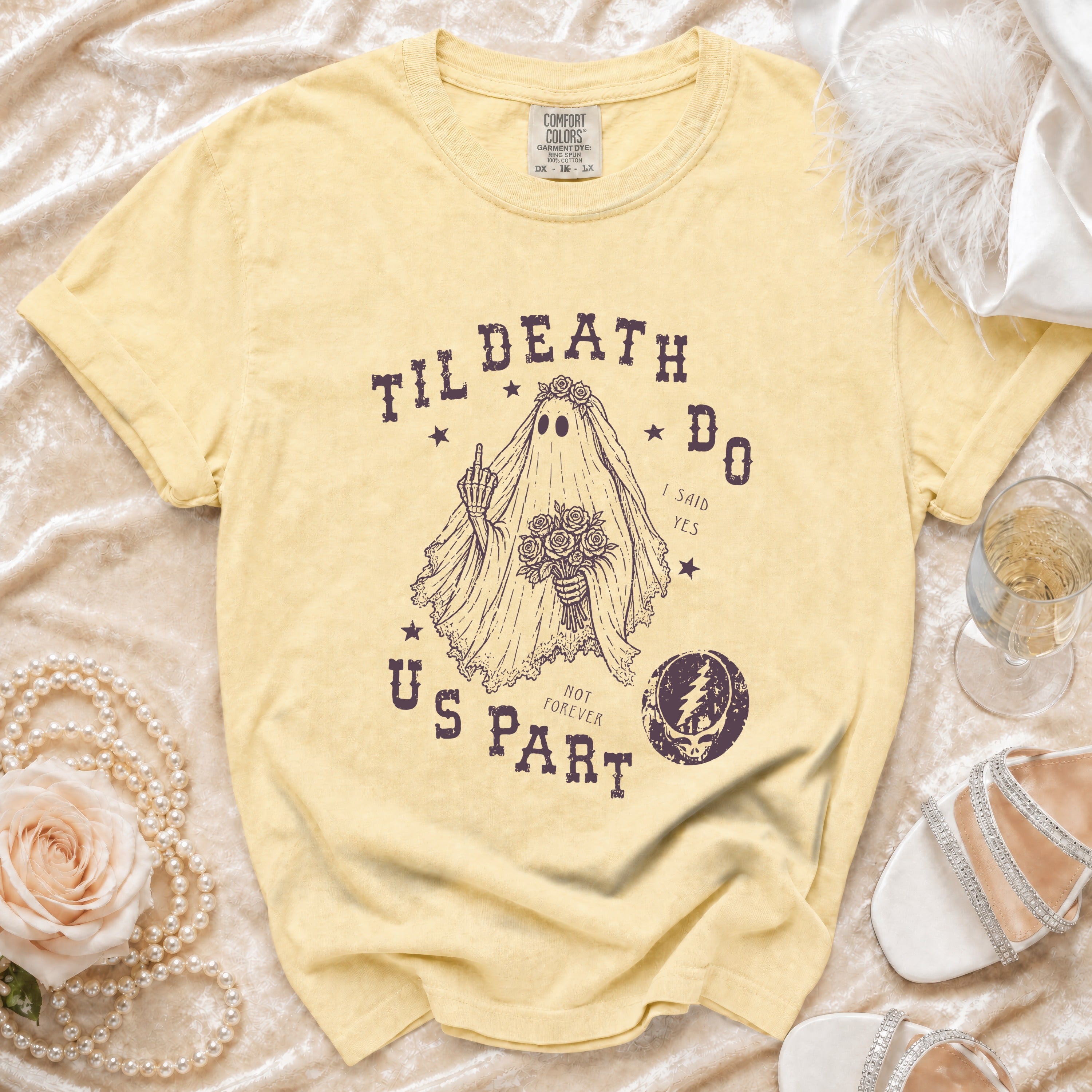 Yellow t-shirt with gothic bride ghost graphic and "Til Death Do Us Part" text.