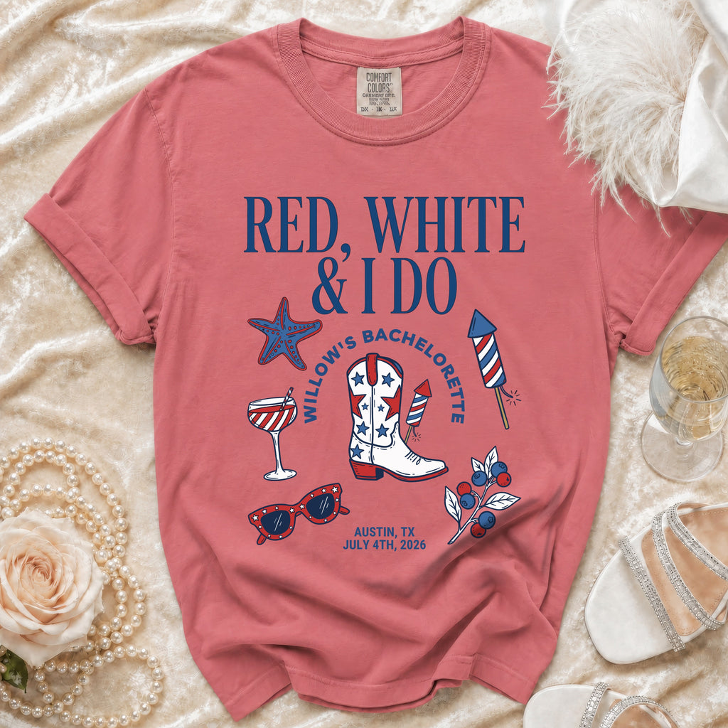 Red, white, and blue bachelorette shirt with boot, star, fireworks, and glasses.