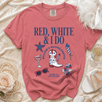 Red, white, and blue bachelorette shirt with boot, star, fireworks, and glasses.