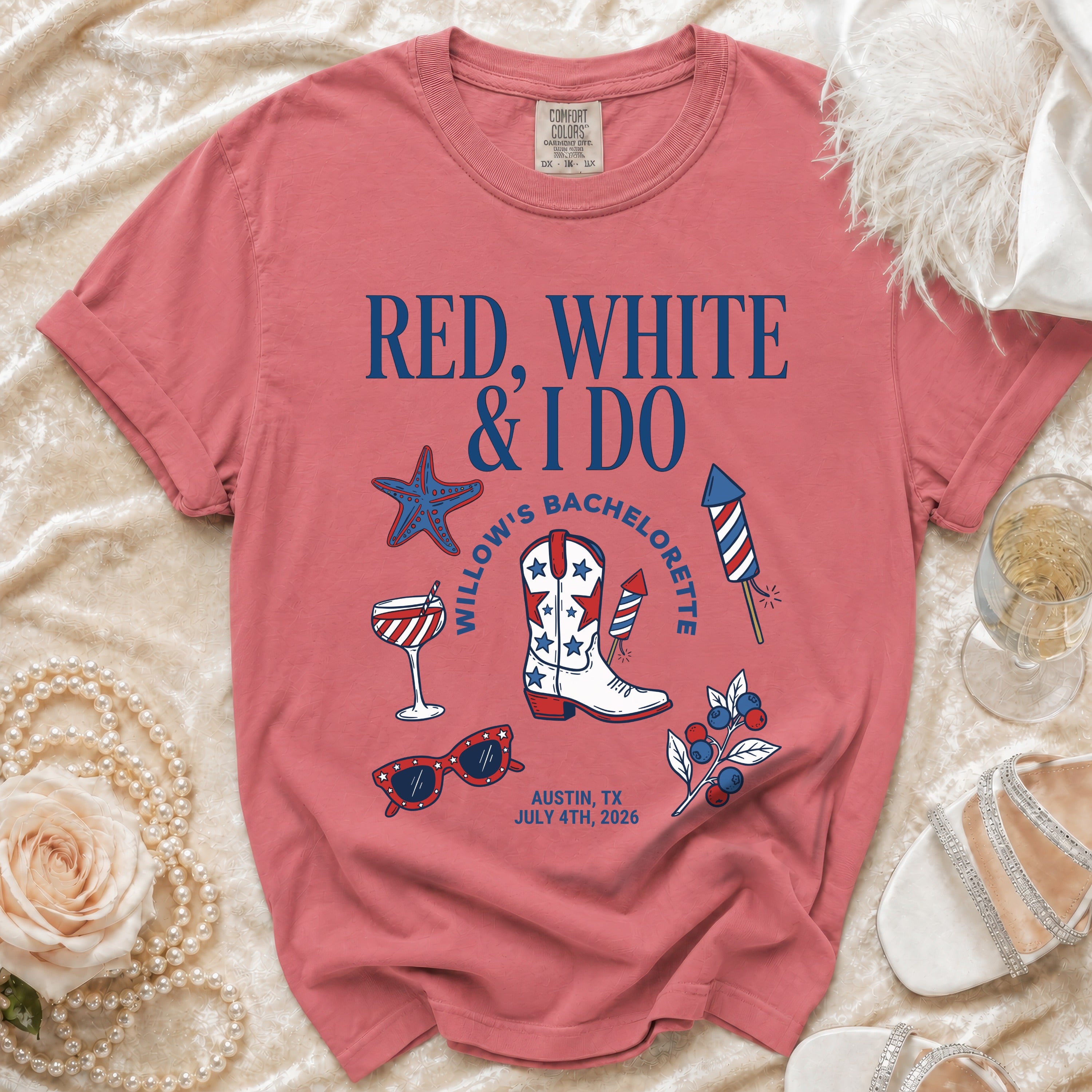 Red, white, and blue bachelorette shirt with boot, star, fireworks, and glasses.