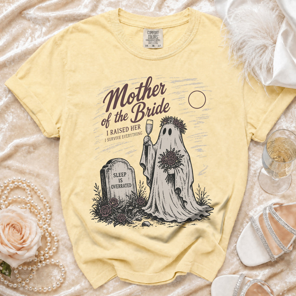 Yellow t-shirt with ghost graphic "Mother of the Bride" and tombstone.
