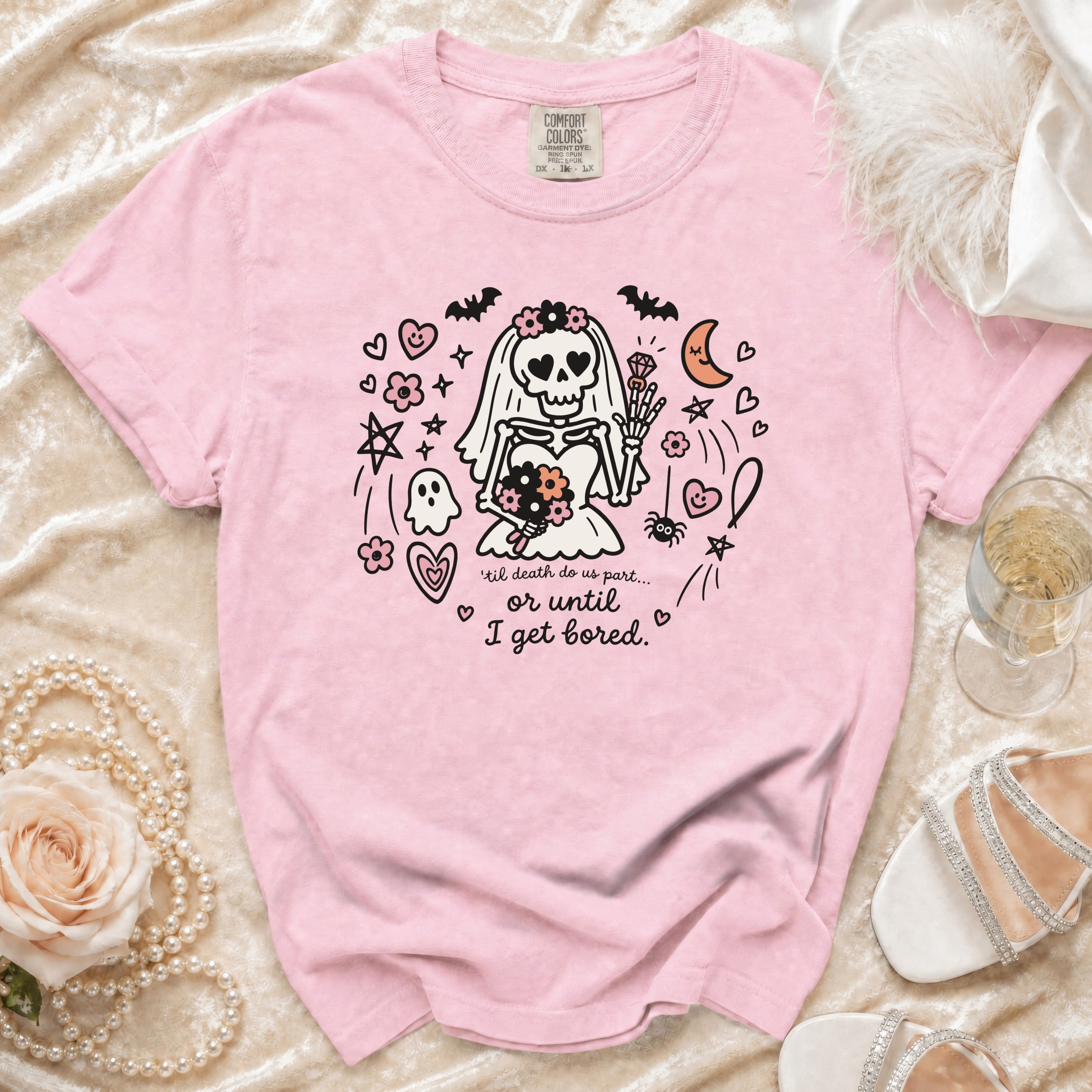 Pink Comfort Colors t-shirt with skeleton bride graphic and text 'til death do us part... or until I get bored.