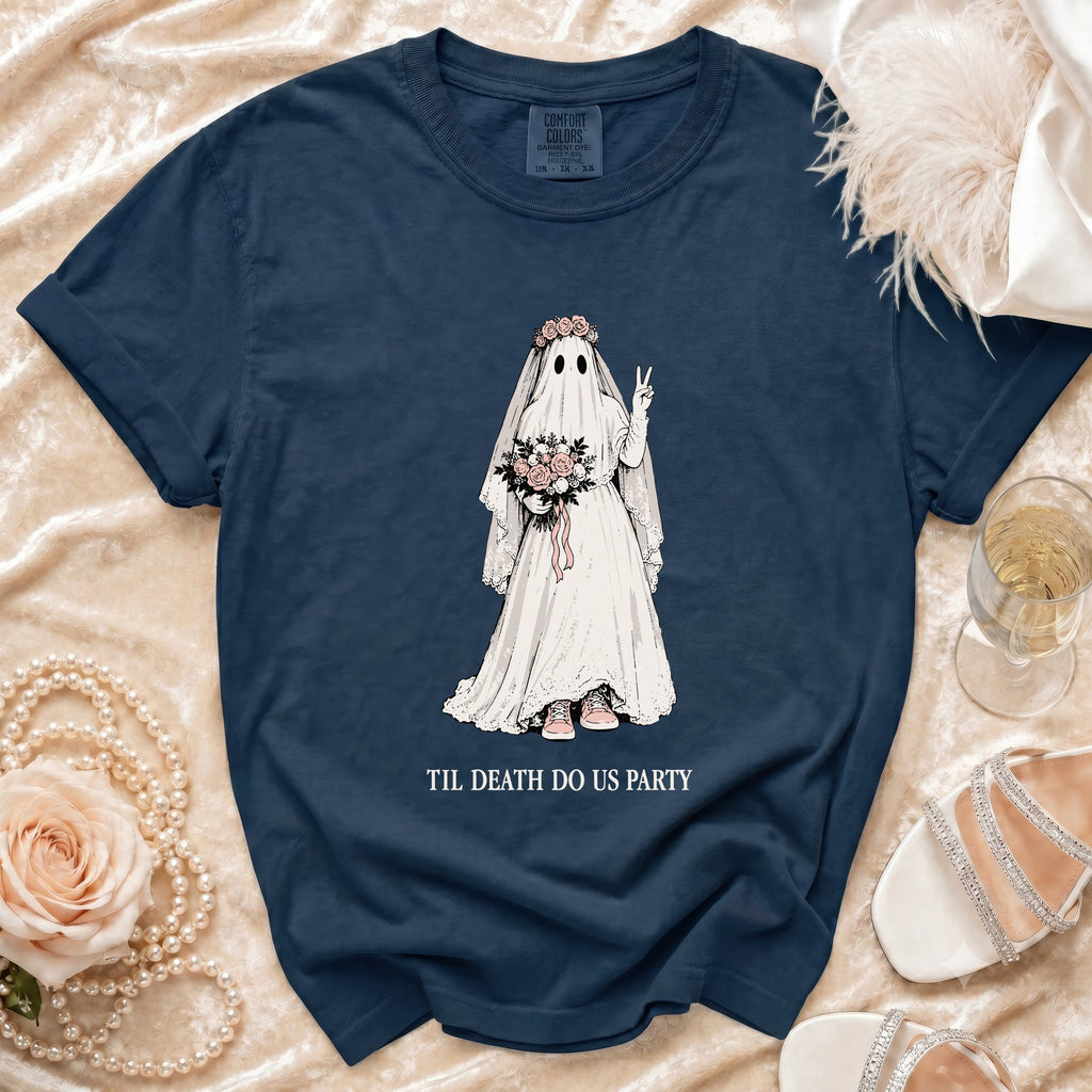 Navy t-shirt with a ghost bride illustration and "Til Death Do Us Party" text.