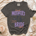 Dark gray t-shirt reads "tired MOTHER'S," "Fueled by Coffee, Anxiety & Wedding Planning," and "BRIDE club."