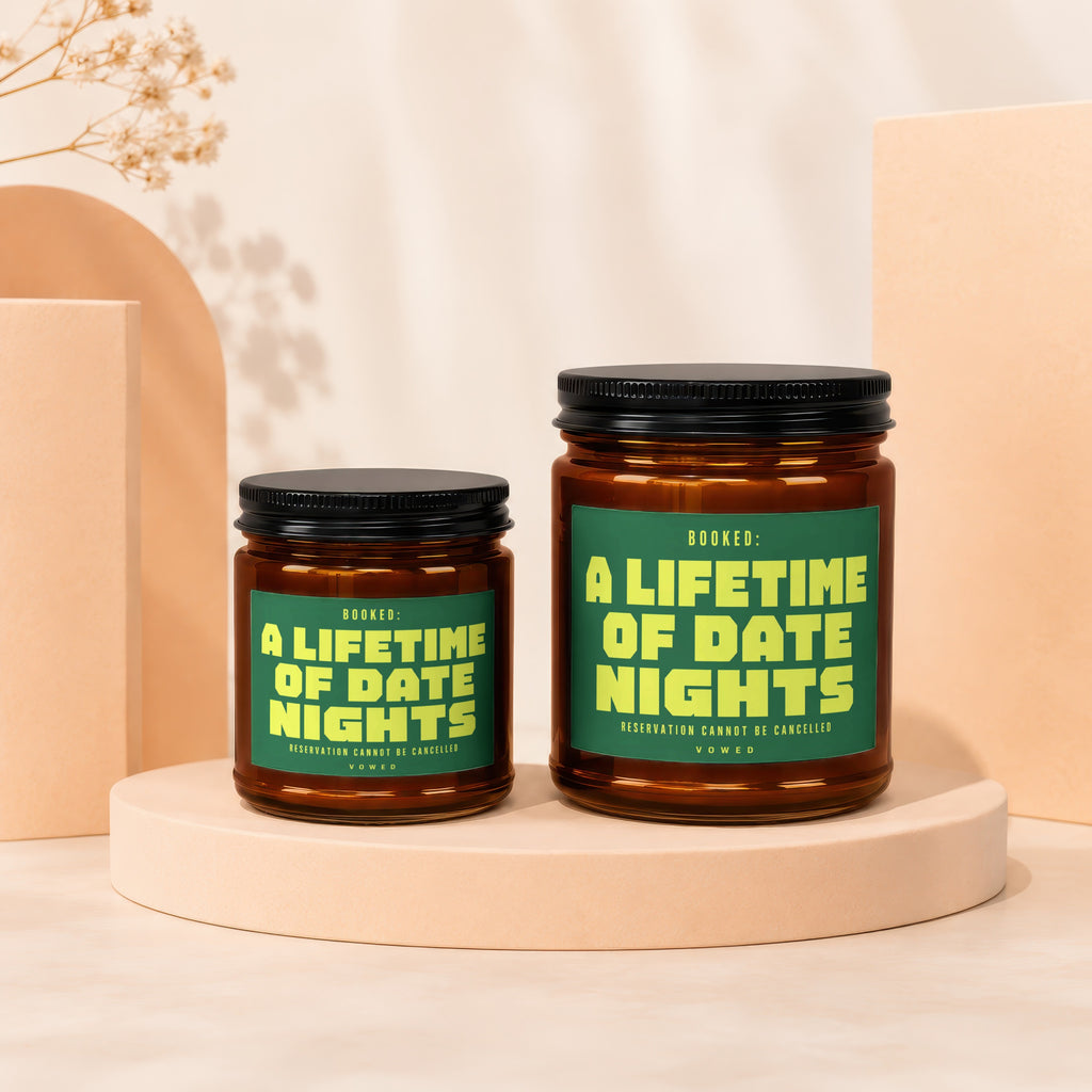 Two apothecary jars with black lids display green labels reading "Booked: A Lifetime of Date Nights"