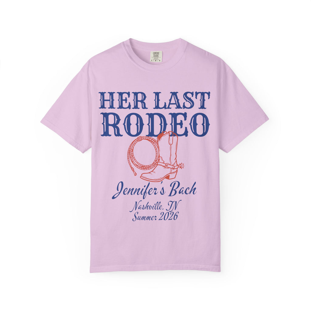 Lavender t-shirt with "Her Last Rodeo" and cowboy boot graphic.