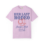 Lavender t-shirt with "Her Last Rodeo" and cowboy boot graphic.