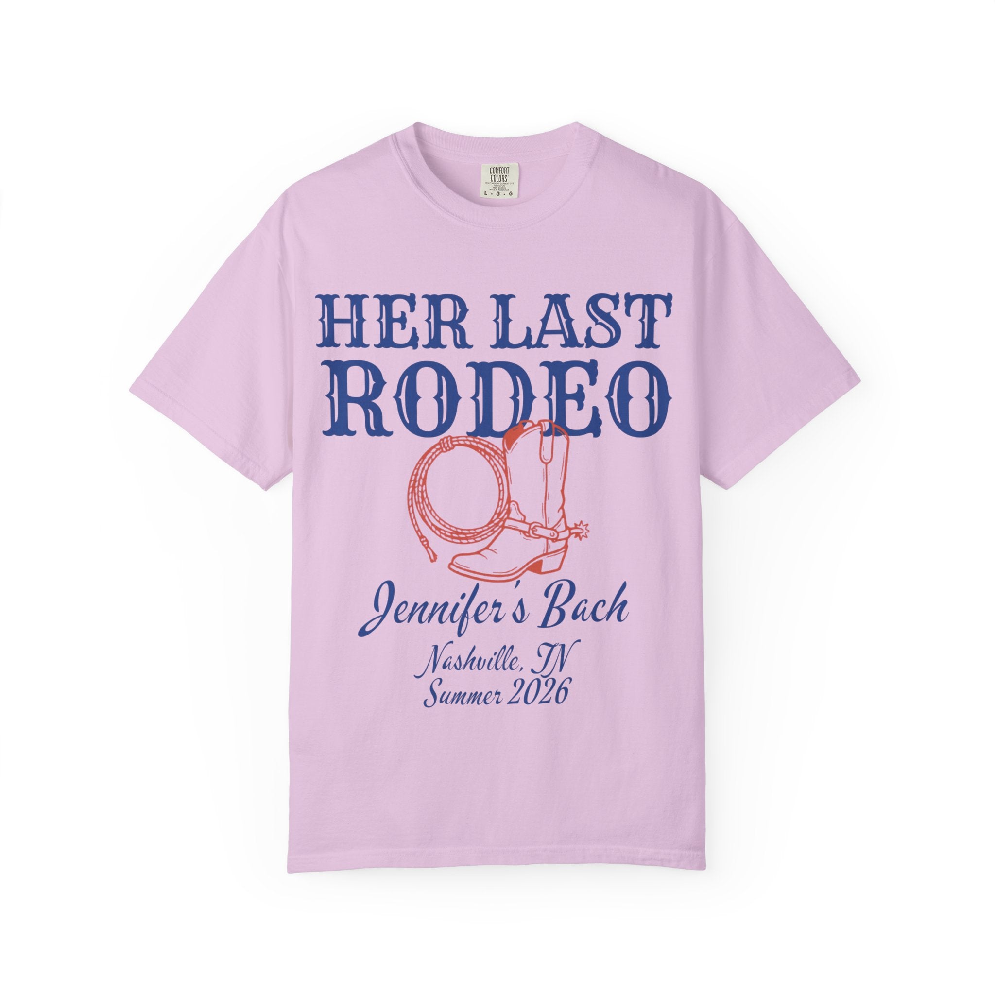 Lavender t-shirt with "Her Last Rodeo" and cowboy boot graphic.