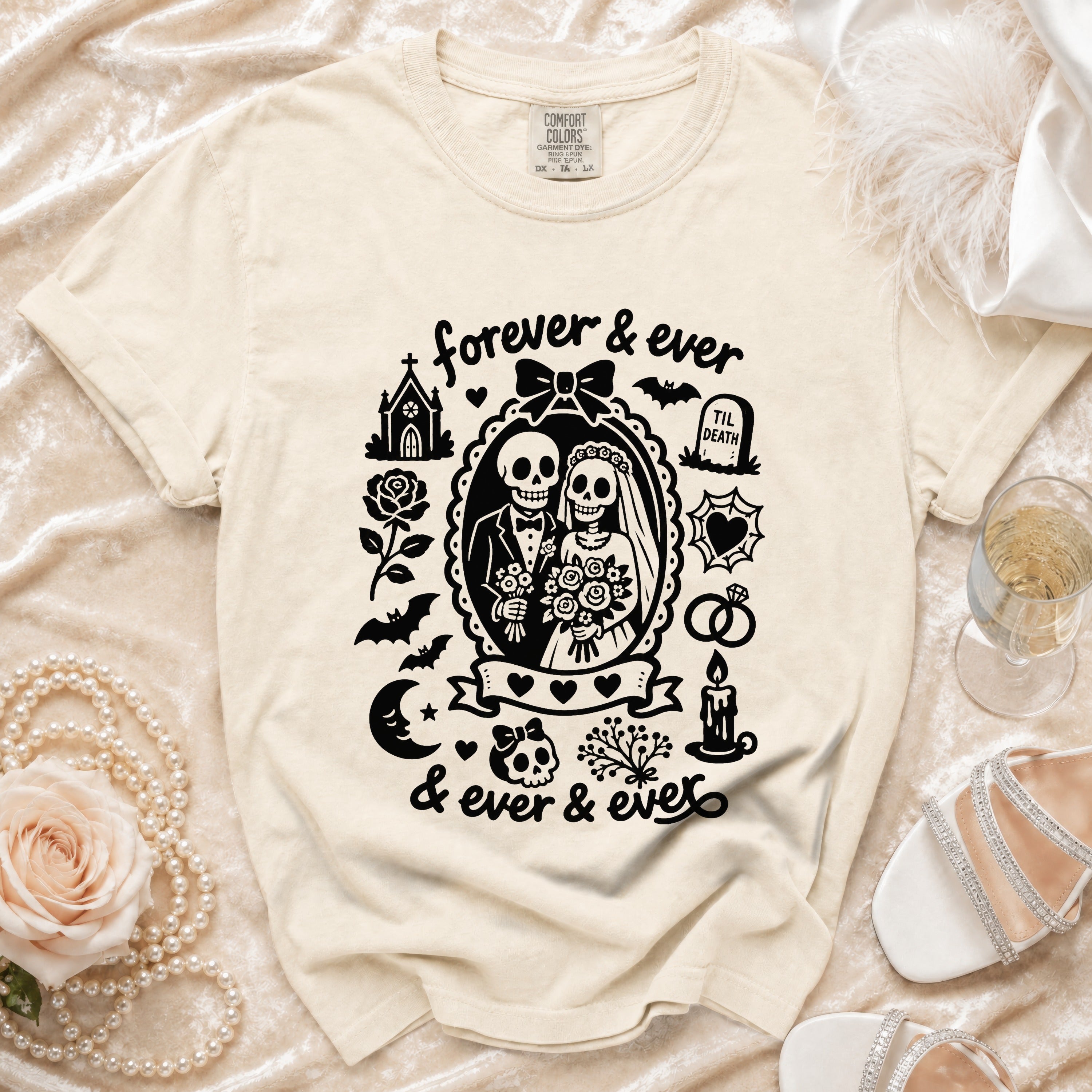 T-shirt with skeleton bride and groom graphic and text "forever & ever".