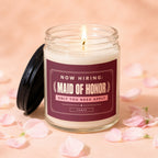 Glass candle with "Maid of Honor" label reads "Now Hiring: Maid of Honor, Only You Need Apply."