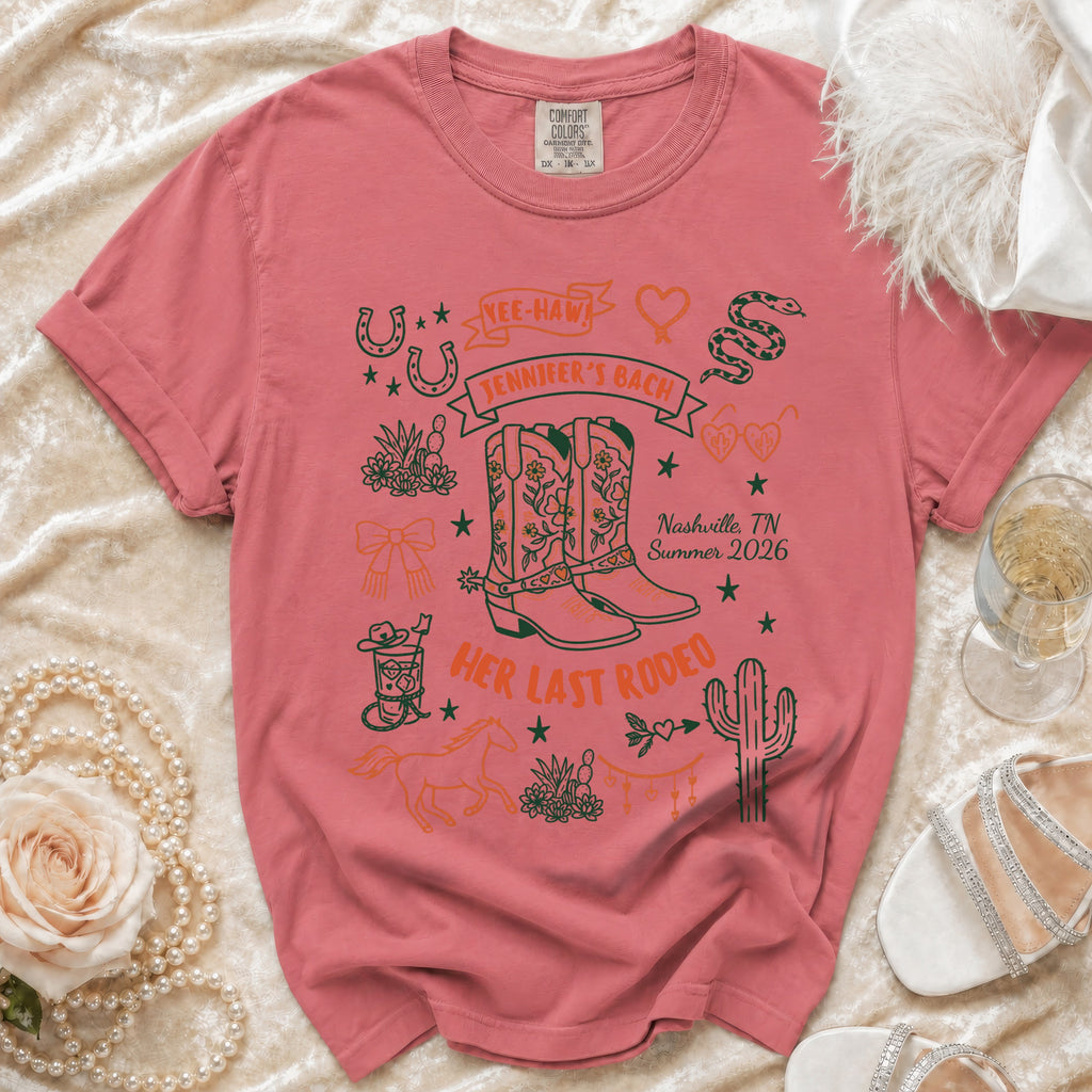 T-shirt with "Jennifer's Bach" and "Her Last Rodeo" design.