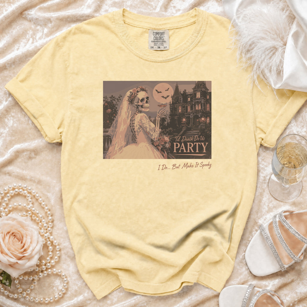 Yellow t-shirt with skeleton bride, haunted mansion, and text "Til Death Do Us PARTY".