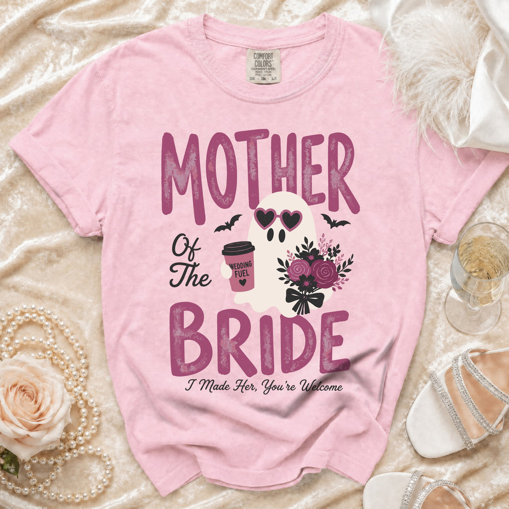 Pink t-shirt with "Mother of the Bride" and a ghost holding "Wedding Fuel" coffee.