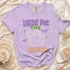 Lavender t-shirt with "HERE FOR THE BOOS" and a ghost wearing a veil.