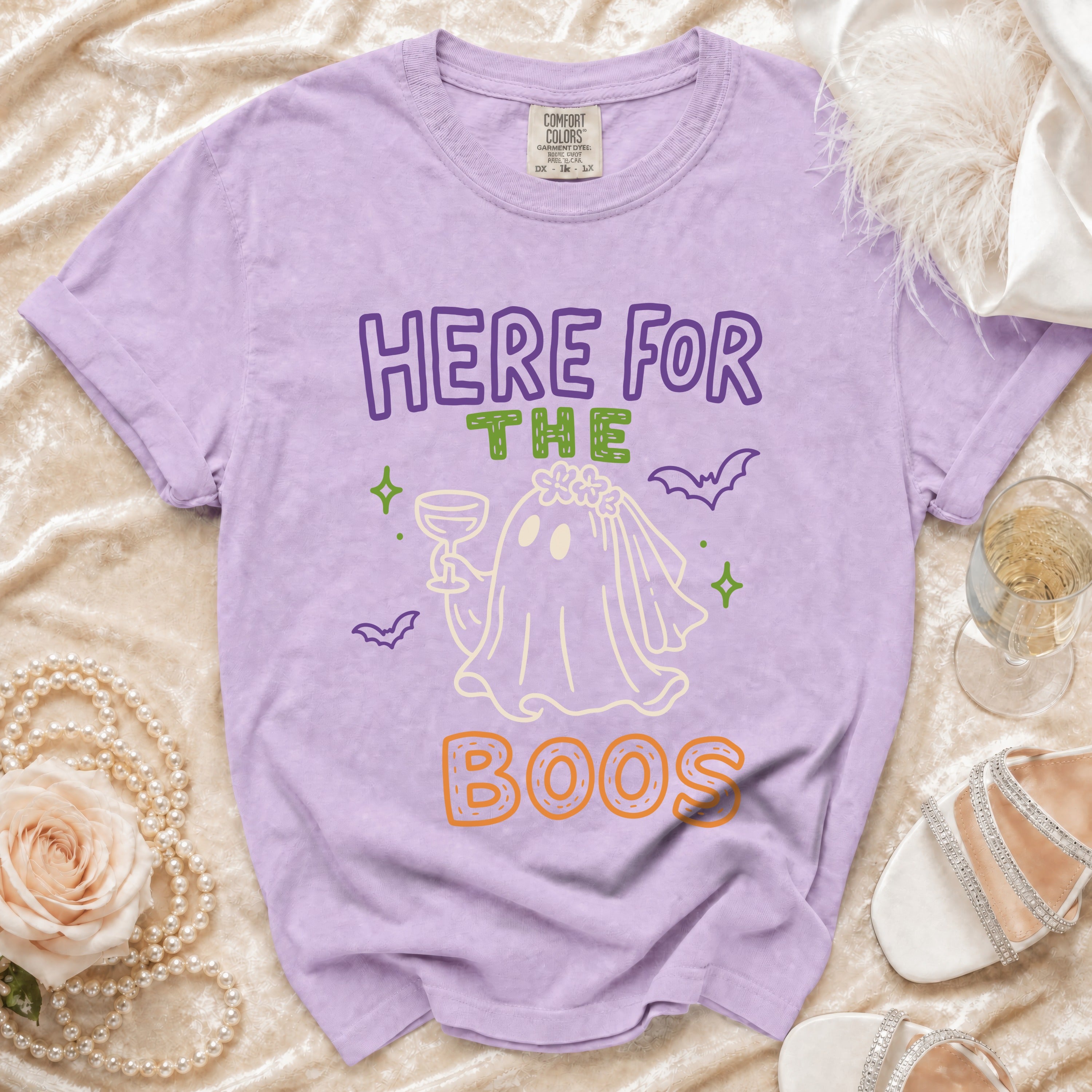 Lavender t-shirt with "HERE FOR THE BOOS" and a ghost wearing a veil.