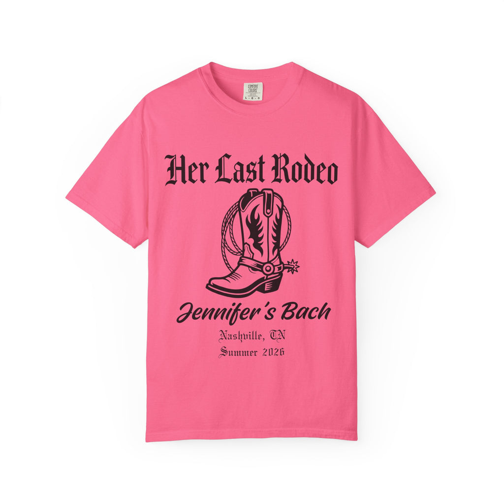 Pink t-shirt with "Her Last Rodeo" and cowboy boot graphic.