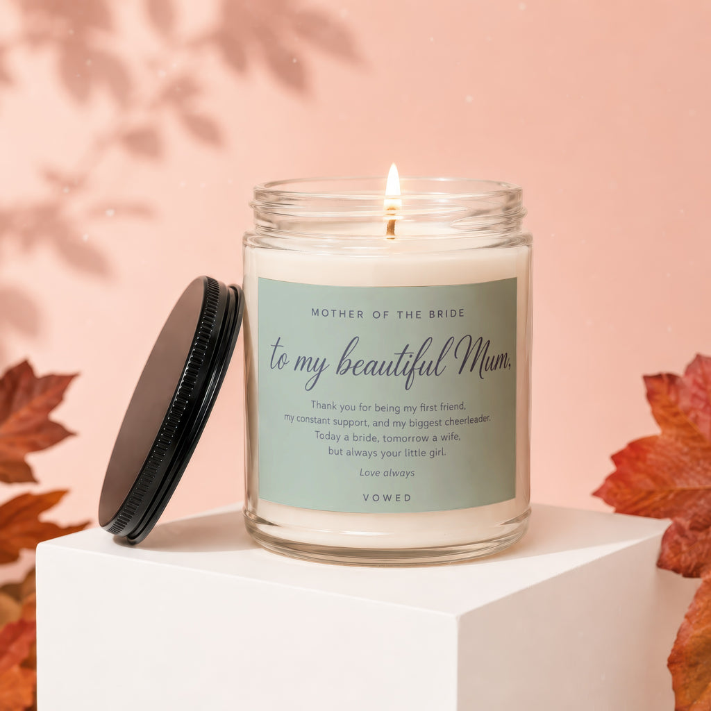 Candle for Mother of the Bride with quote "to my beautiful Mum" and autumn leaves.